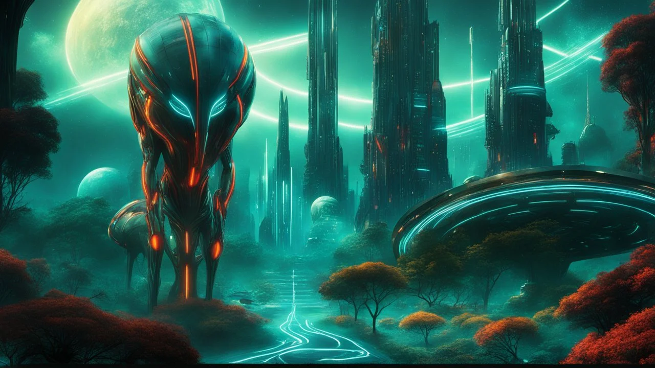 hyper realistic, tron legacy movie, aliens creatures, space ships of the future, city of the future, green nad dark red trees , forest, yellow, blue, purple, orange, space, planets, god creations