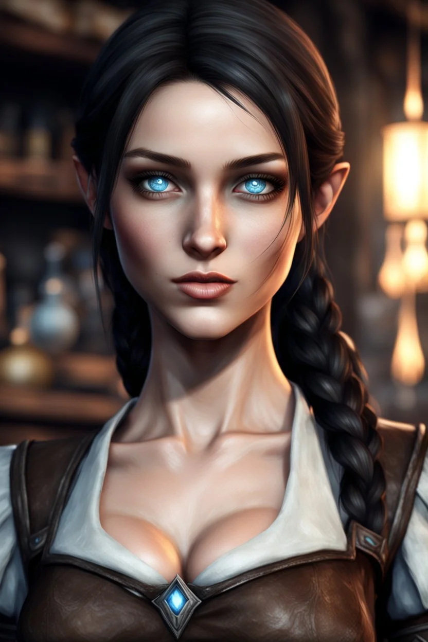 A young female imperial barmaid from Skyrim with light blue eyes, brunette, melancholic, wholesome