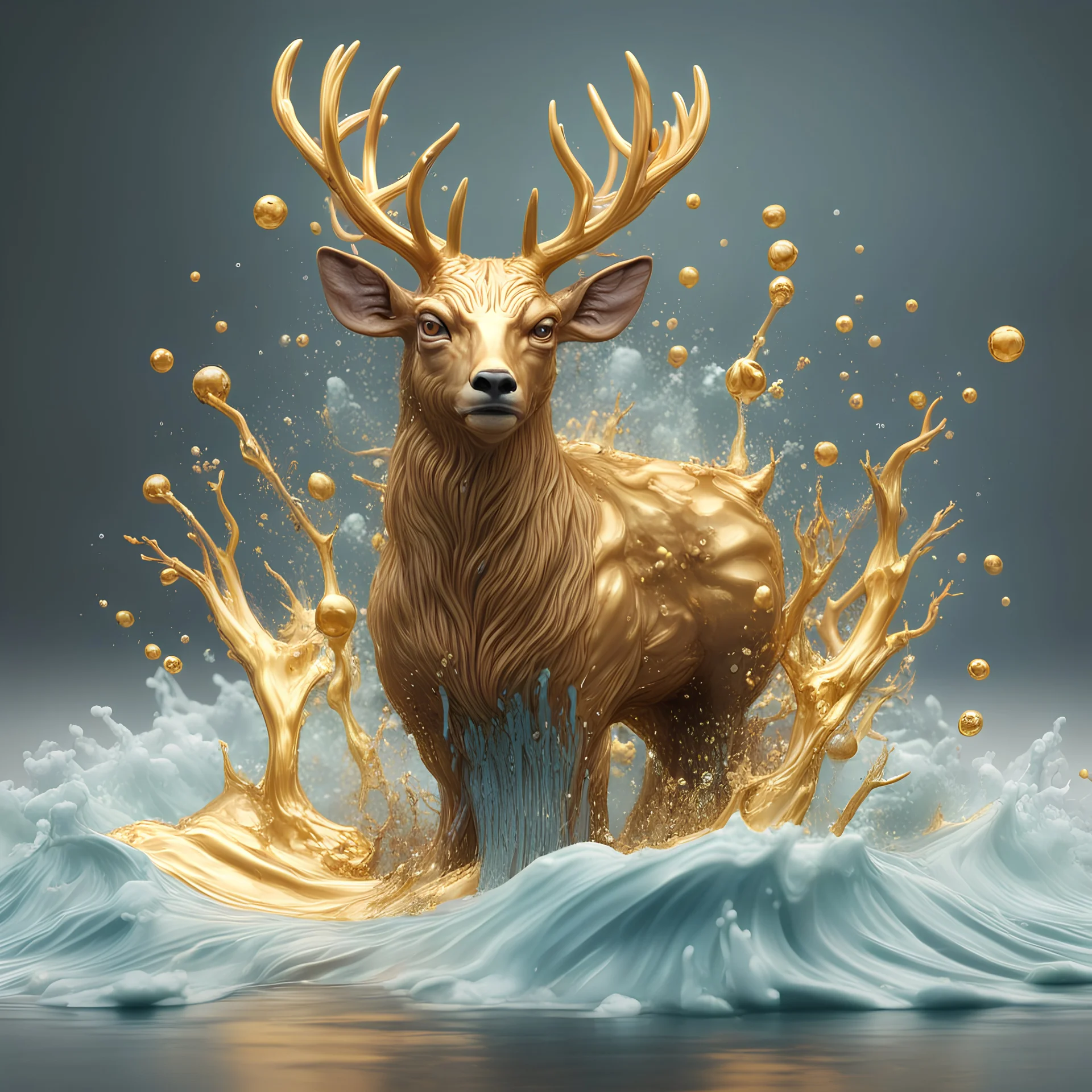 3d monster deer clay style, water splashing of monster out from liquid effect, gold colours, dominating the wave, fully magical forest in the middle, splashes around