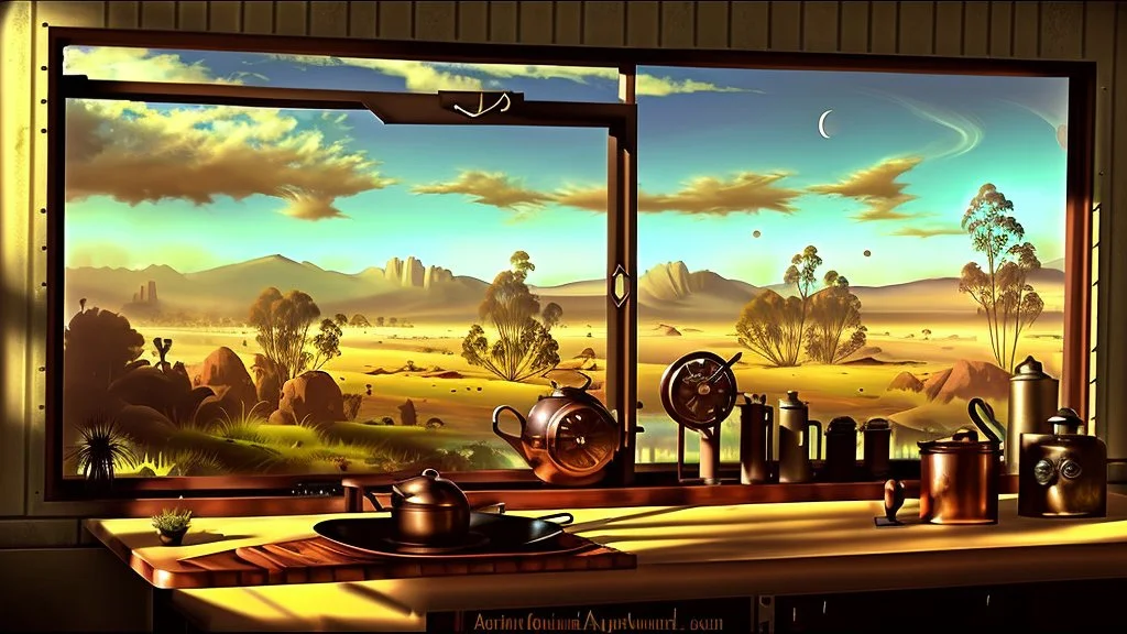 in a steampunk artistic style, a view of an australian sunny peaceful landscape outside kitchen window