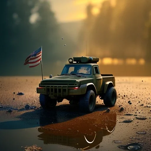 hyperrealistic shot, military toy truck, earth color palette, sharp focus, puddle reflection, tire water splash, refraction, lens flare on the horizon, shadowcast, detailed and intricate, cinematic composition, micro, tilt shift photography