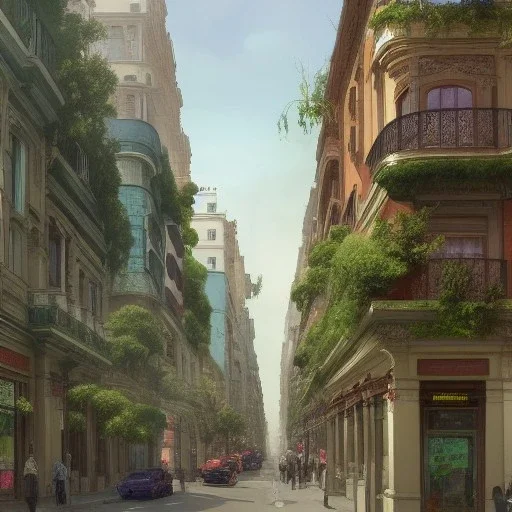 Corner building, Cornershop,flowers shop, Beaux Arts architecture,+palladio+liveable street+detailed facades+green city,uphill road,trees on walkway,elegant avenue, biopunk+Bueno Aires,vienna, alphonse mucha, greg rutkowski,matte painting, cryengine, hyper detailed, felix kelly, fantasy art, seb mckinnon"