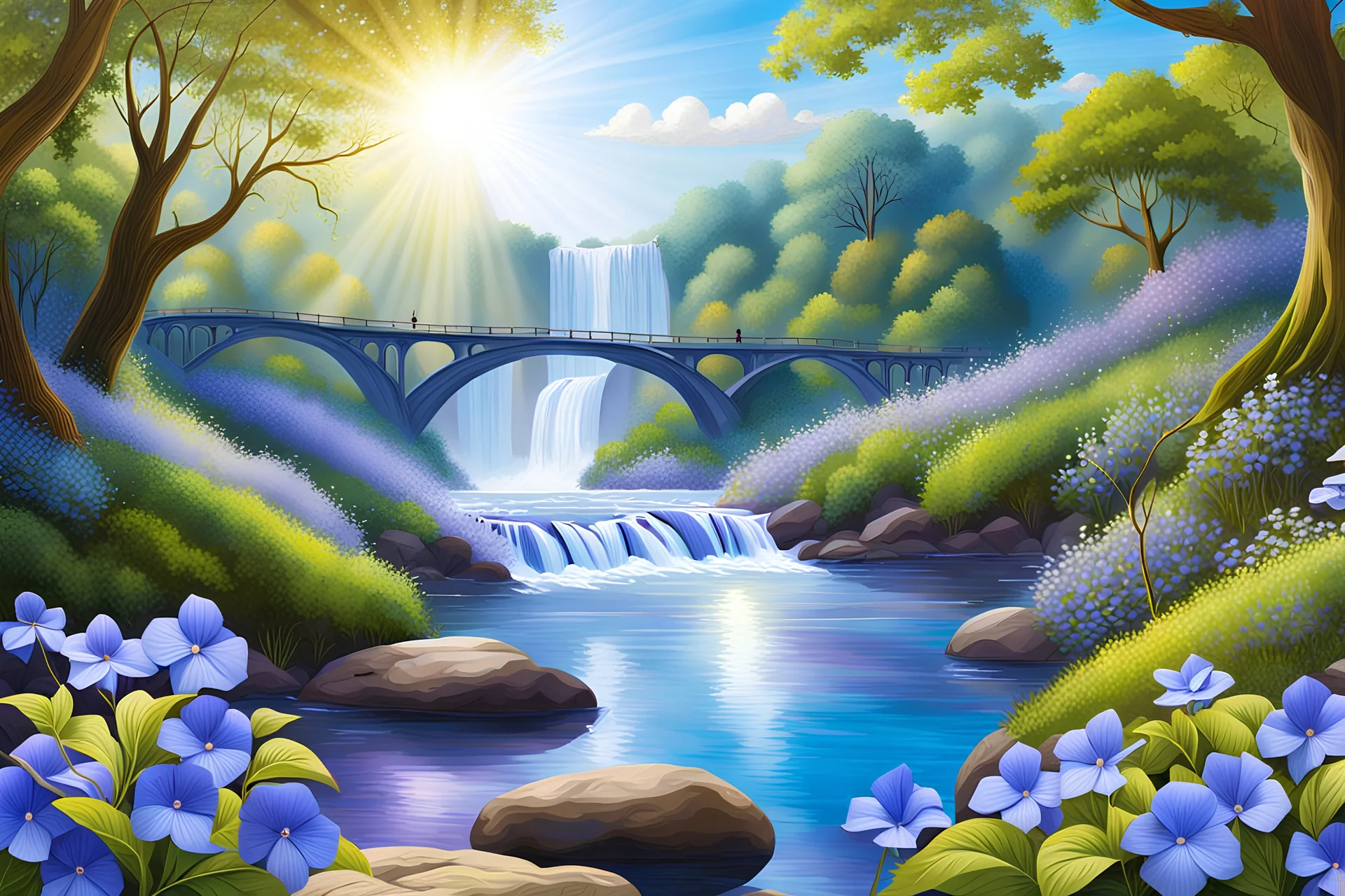 Magic forest with parma periwinkle flowers, parma or blue light effects colors, sun, realistic, high contrast, river with vinca flowers along, bridge, waterfall in background, 8k, high definition, concept art, sharp focus