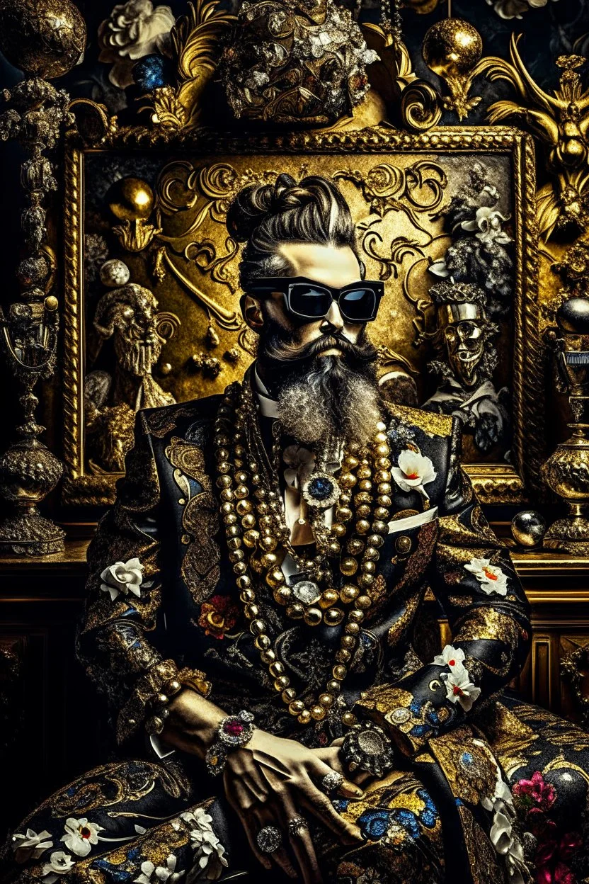 Artistic photo in the audacious style of Jill Greenberg, of man with a luxurious and striking style, abundance of jewelry, oversized square one-piece sunglasses,black beard, prints, extravagant, baroque scene , impasto style with thick textured strokes