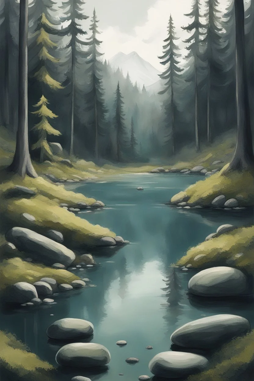Draw me a lake with a spruce forest with mossy stones