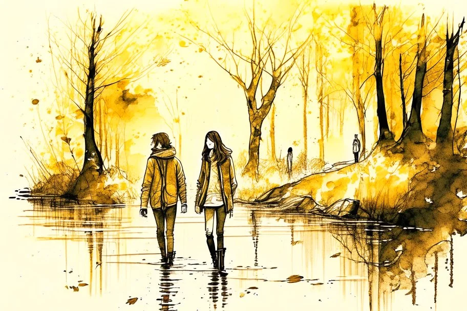 young brunette woman and boy friends walking next to a pond in an autumn forest watercolor and ink in ochre, golden glitters