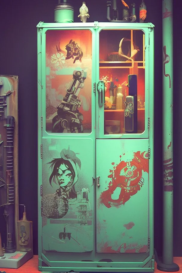 Cyberpunk cabinet of curiosities painted by Frida , unsane details, soft colors