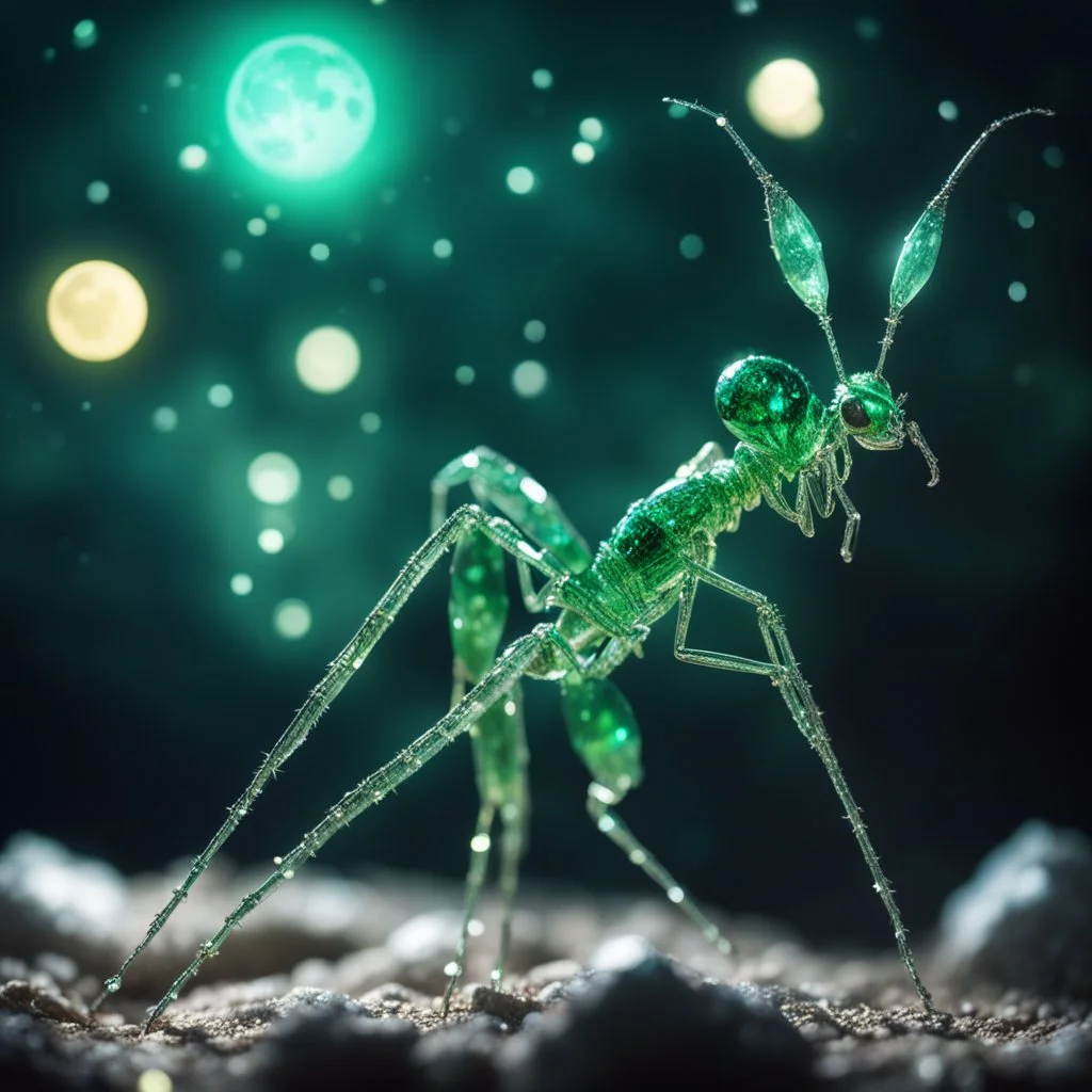 close up of shimmering green crystal mantis made of glass in moonlight, glowing moon on a starry sky , sharp focus, high contrast, bright vibrant colors, cinematic masterpiece, shallow depth of field, bokeh, sparks, glitter, 16k resolution, photorealistic, intricate details, dramatic natural lighting