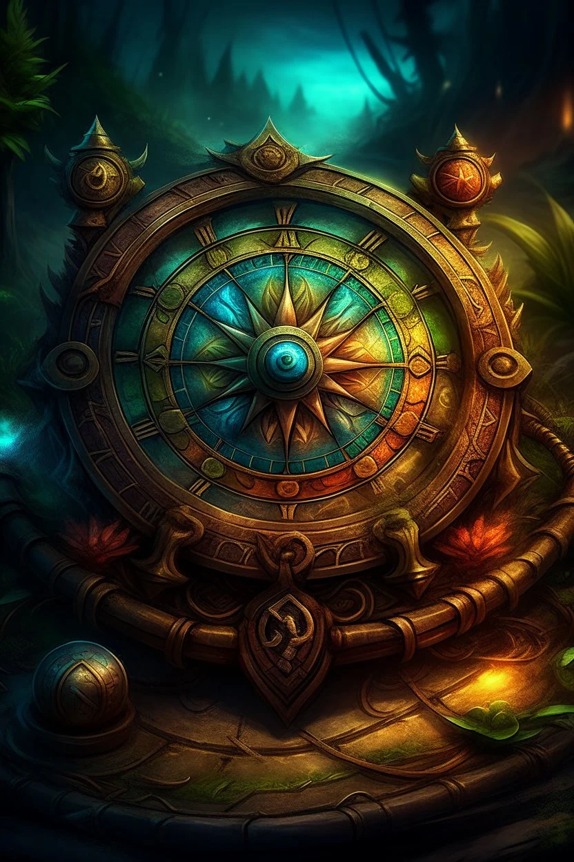 Digital art illustration of the ancient compass of guidance, a card with intricate detailing and ancient symbols, designed to guide players and provide them with the ability to rearrange piles on the game board, allowing complete control over the game strategy. the illustration will capture the essence of adventure and mystery, with a touch of fantasy, using vibrant colors and digital painting techniques.