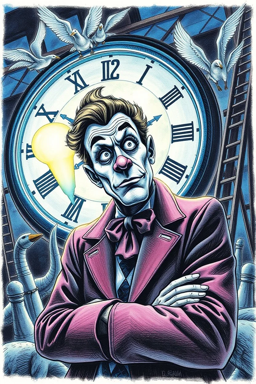 air brush with pen outline illustration of news muscle gambler scientist journalist harlequin playing geese dinosaur reptiles in very bright light bulb factory on the docks with twisted ladders with the most a confused look on his face in front of a huge glass prism clock with angels, in the style of Escher and Dali