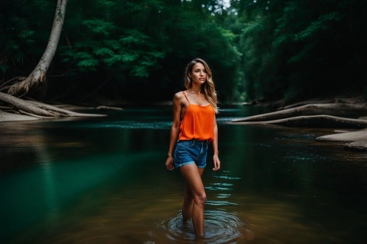 beautiful girl in blue short and orange top walking in water toward camera in trees next to wavy river with clear water and nice sands in floor.camera capture from her full body front