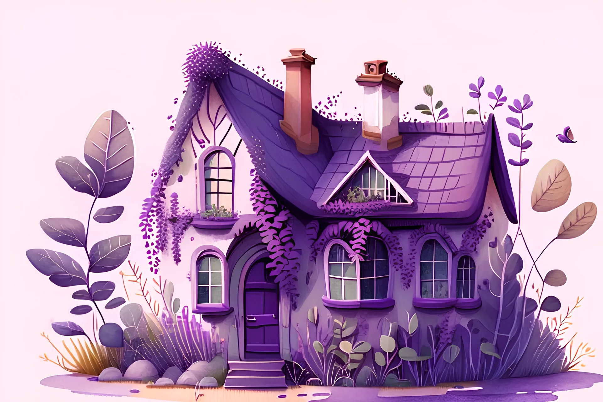 House illustration, realistic, detailed, illustrative, childrenbook style, Purple house, cute plants