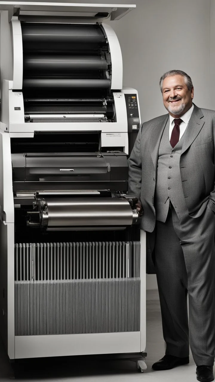 full figure shot photography of an italian smiling strong massive big chubby 50 year old man in smart gray suit, manly chest, unbuttoned shirt, short beard, shirtless, printer in an old printing house, next to a huge old printer, dim light, side light, ambient occlusion