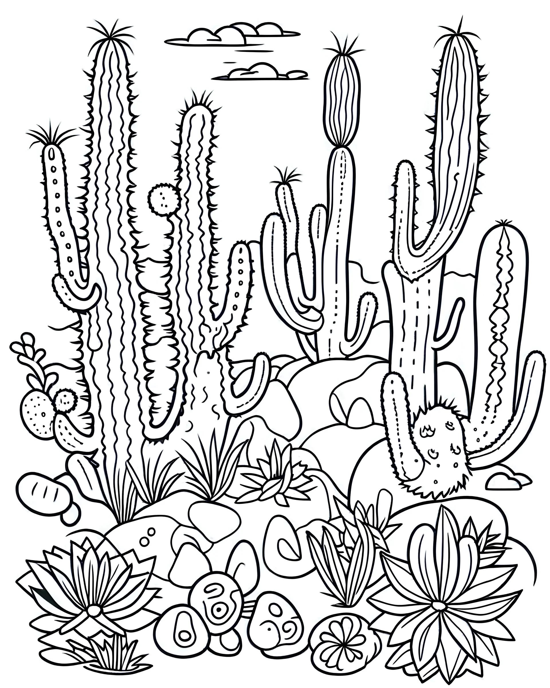 outline art for stoners coloring pages with A very simple and super minimal design featuring A psychedelic desert oasis with cacti shaped like giant buds, white background, sketch style, fully body, only use outline, cartoon style, clean line art, white background, no shadows and clear and well outlined