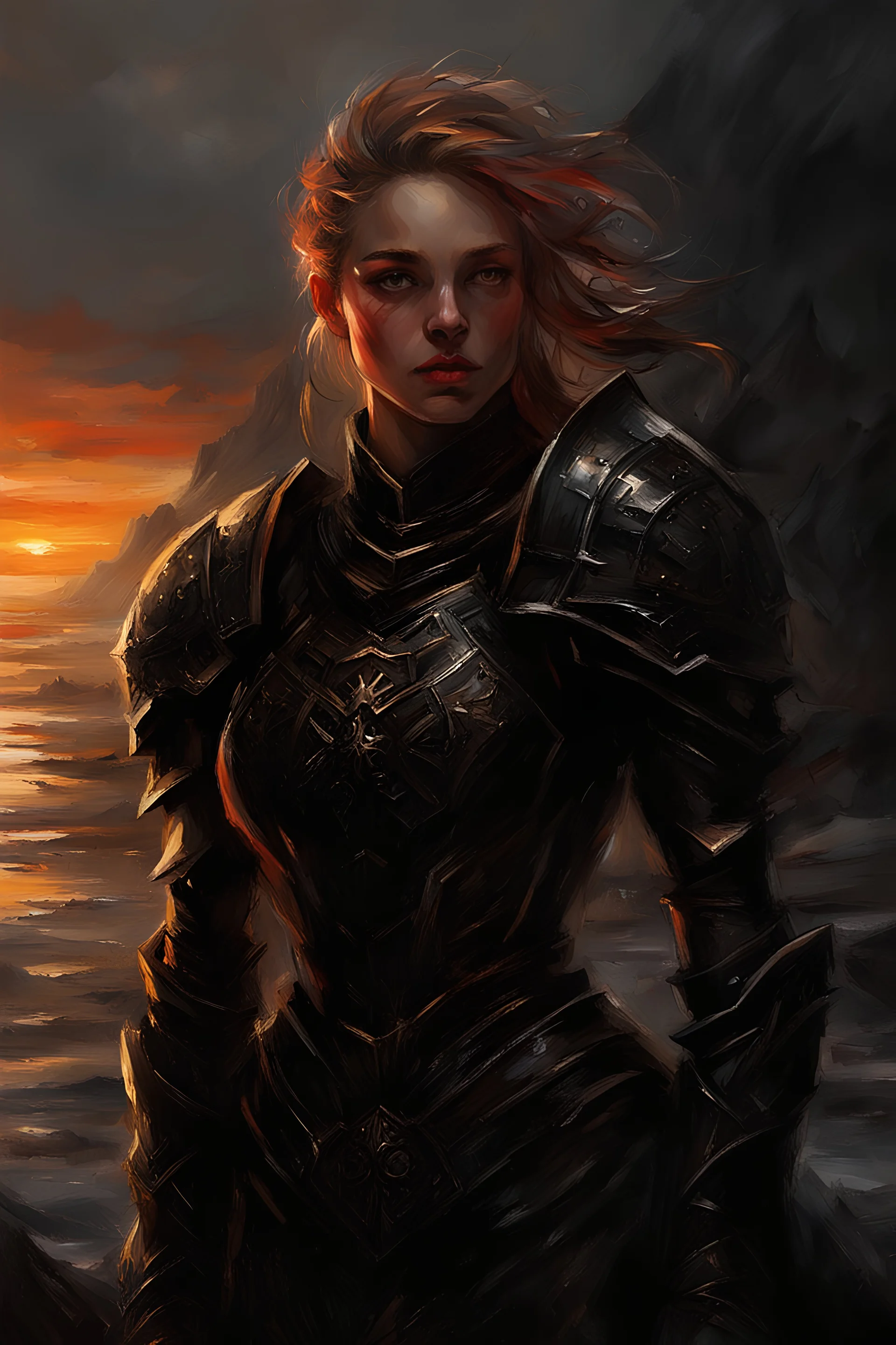 A formidable warrior girl in black armor, on the background Amazing gloomy landscape, flooded with sunset, mountains, trees, fabulous scary hero, , juicy emotions, painting, dark fantasy, gloomy day, dark world, portrait, by James Paick & Anna Razumovskaya