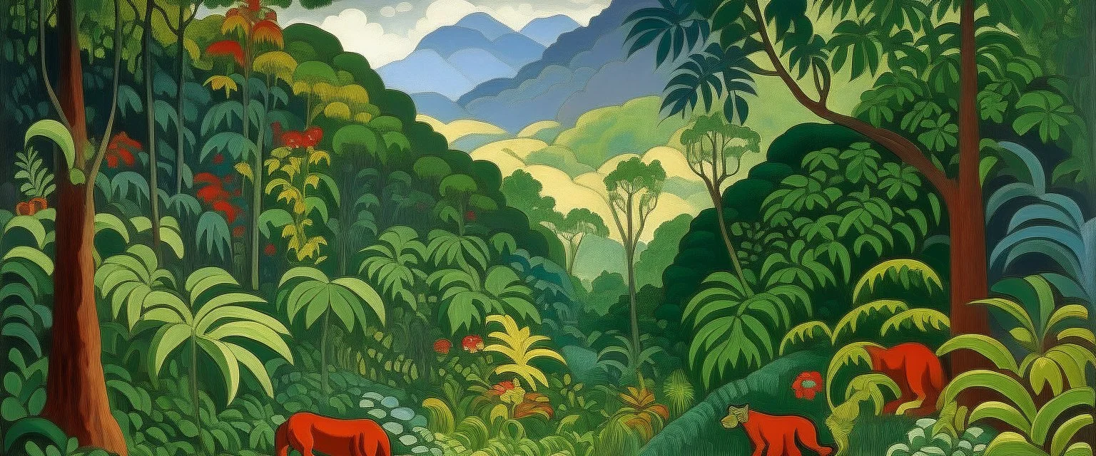 A jungle near a mountain made out of steel painted by Paul Ranson