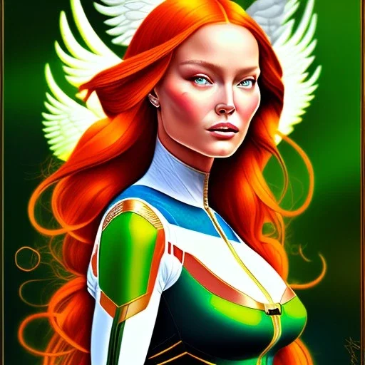 portrait of a beautiful busty Jean Grey with green eyes riding a phoenix by Sandro Botticelli style