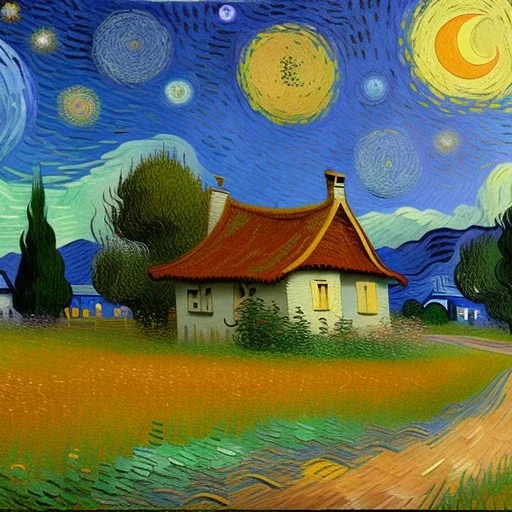 Dibujo al oleo de una pradera con una casa y un tigre con muchas nubes de colores estilo Vincent van Gogh