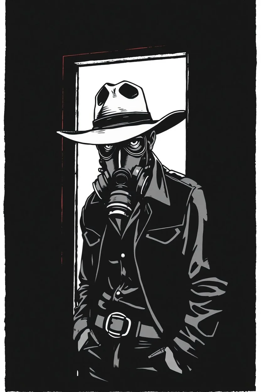 western styled man with hat (wide and flat brim and a flat top) shading face, wearing a gas-mask, leaning in a doorway, vignette, black and white graphic novel style with a red outline on black background, gothic horror
