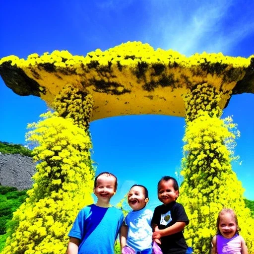 Fleurs jaunes, ciel bleu, portail céleste, cascade, dolmen, oiseaux, enfants souriants , couleur mauve,4k