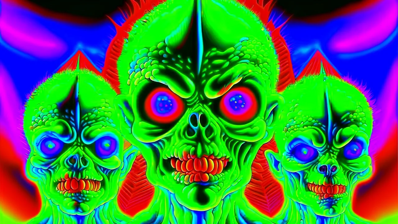 A movie poster featuring jcreatures from mars attacks movie vivid RANDOM BRIGHT neon colors, dark comedy, well lit, high detail, photorealistic, horrorcore, fun, scary, none featured, each a different color or hue,