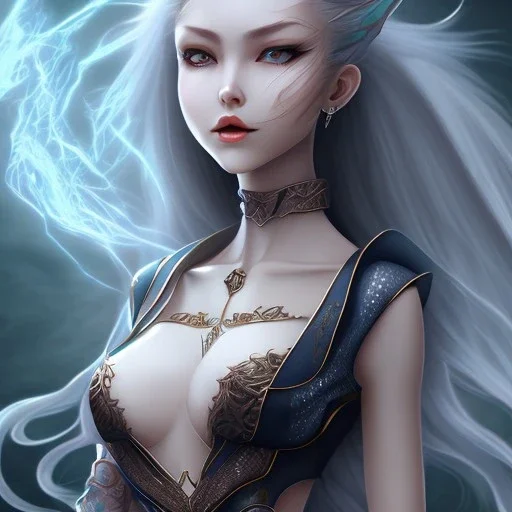 Witch of Air, Asian, silver eyes, aqua hair in a long ponytail