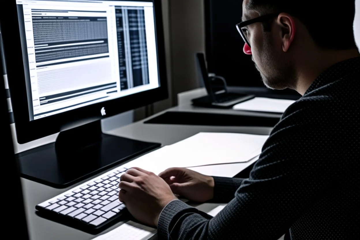 Someone sitting in front of a computer checking information and sources.