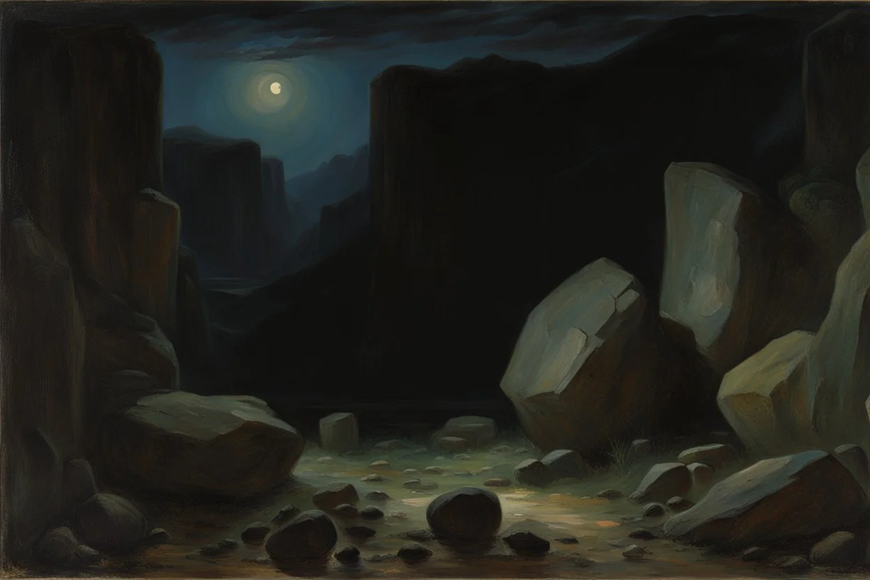 Night, rocks, valley, mountains, friedrich eckenfelder impressionism paintings