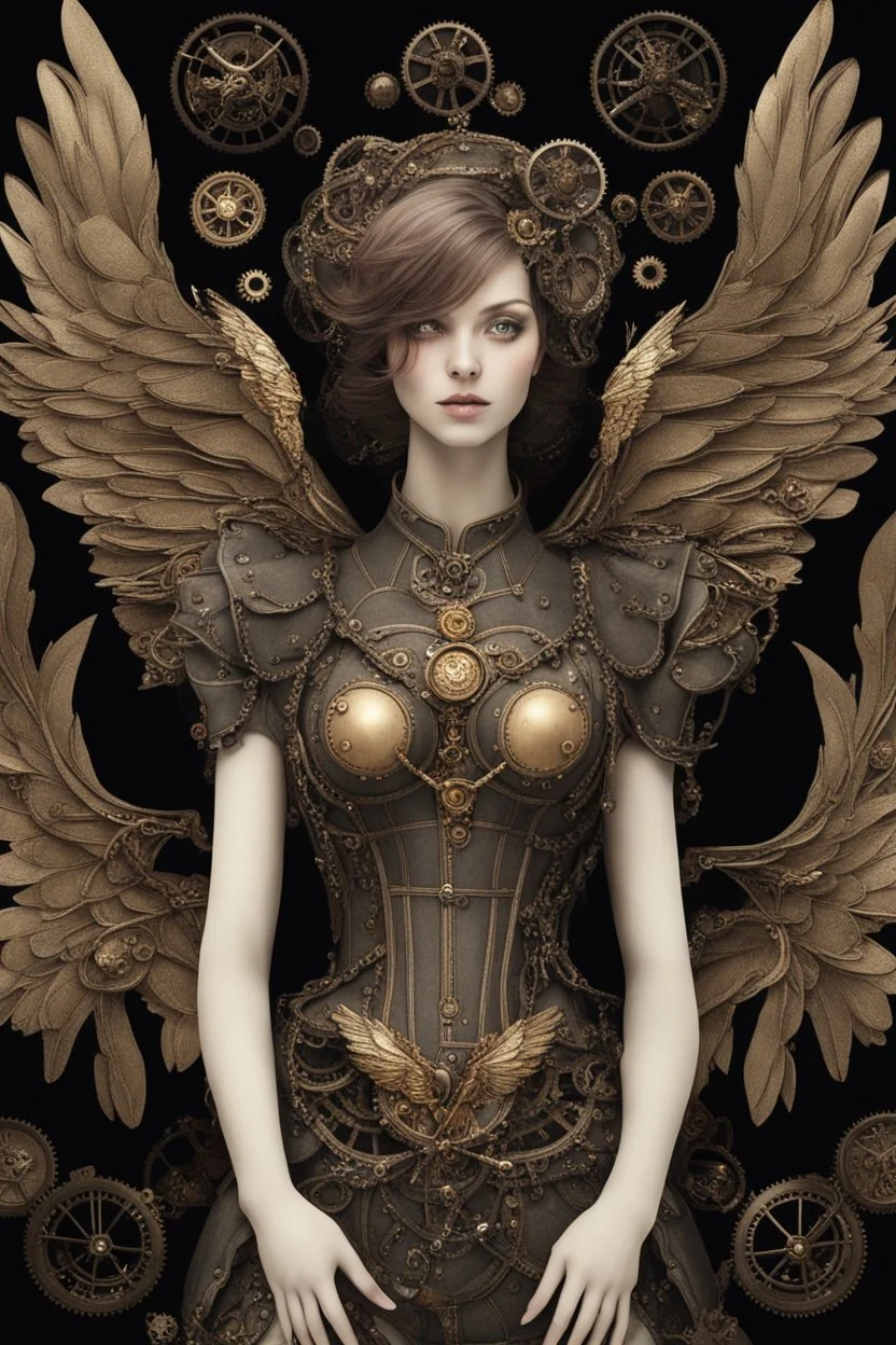 From above, steampunk delicate metal woman, wings, black background