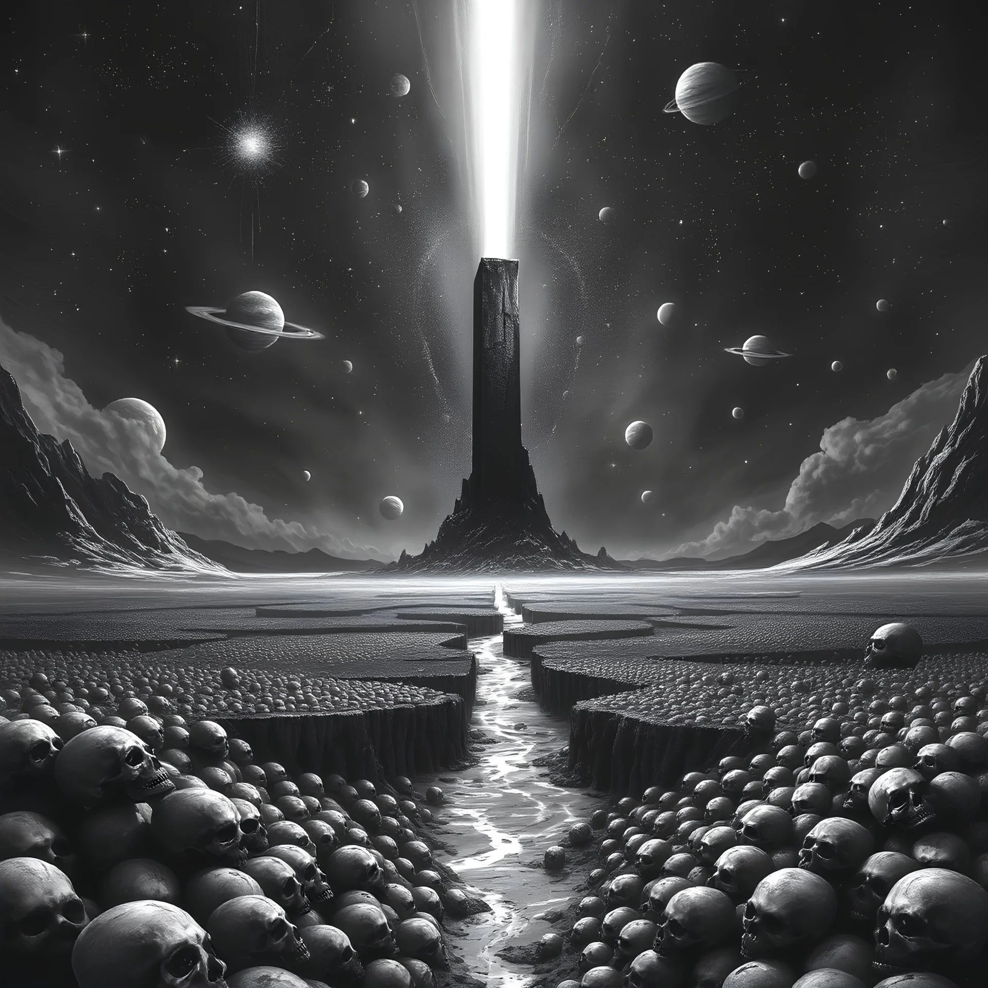 A detailed, black and white digital painting of a desolate, otherworldly landscape. In the center of the image is a monolith piercing the dark sky, surrounded by a vast, skull-filled plain, with a river of darkness flowing towards it. The sky is filled with countless stars and planets, and a beam of light shines down from above, illuminating the scene.