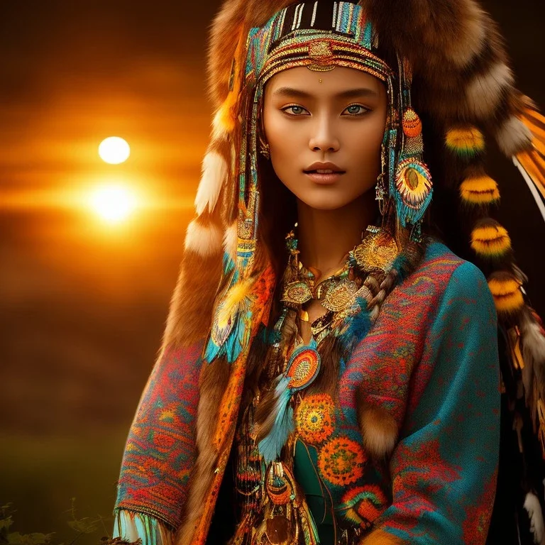 indigenous, beautiful portrait, flowery landscape, light, sun