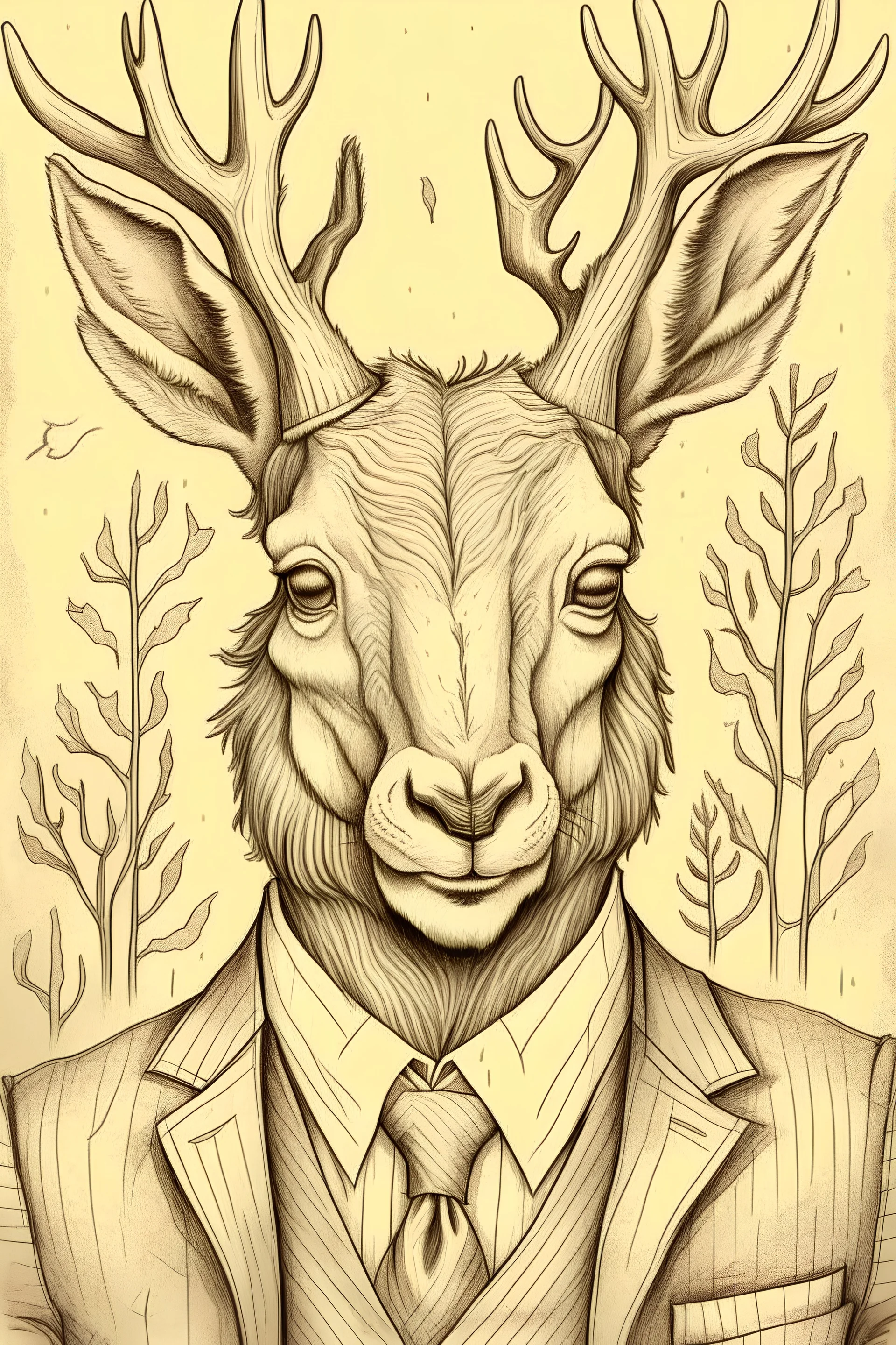 jackalope with antelope horns in a suit and tie, pencil drawing, emphasize emotion and realism, Walt Disney style, vintage