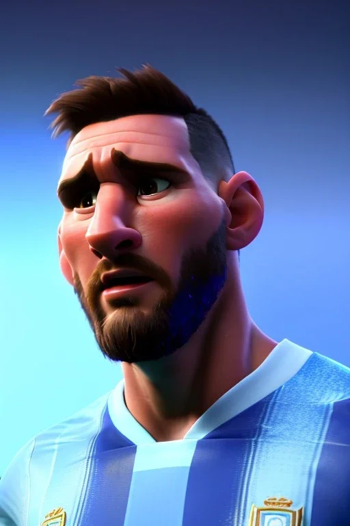 Realistic Messi Argentina soccer player Portrait, mid shot view, epic, god lights, concept art, art station, 3d, photo studio, blue clean background, unreal engine 5, ray tracing, RTX, lumen lighting, ultra detail, volumetric lighting.