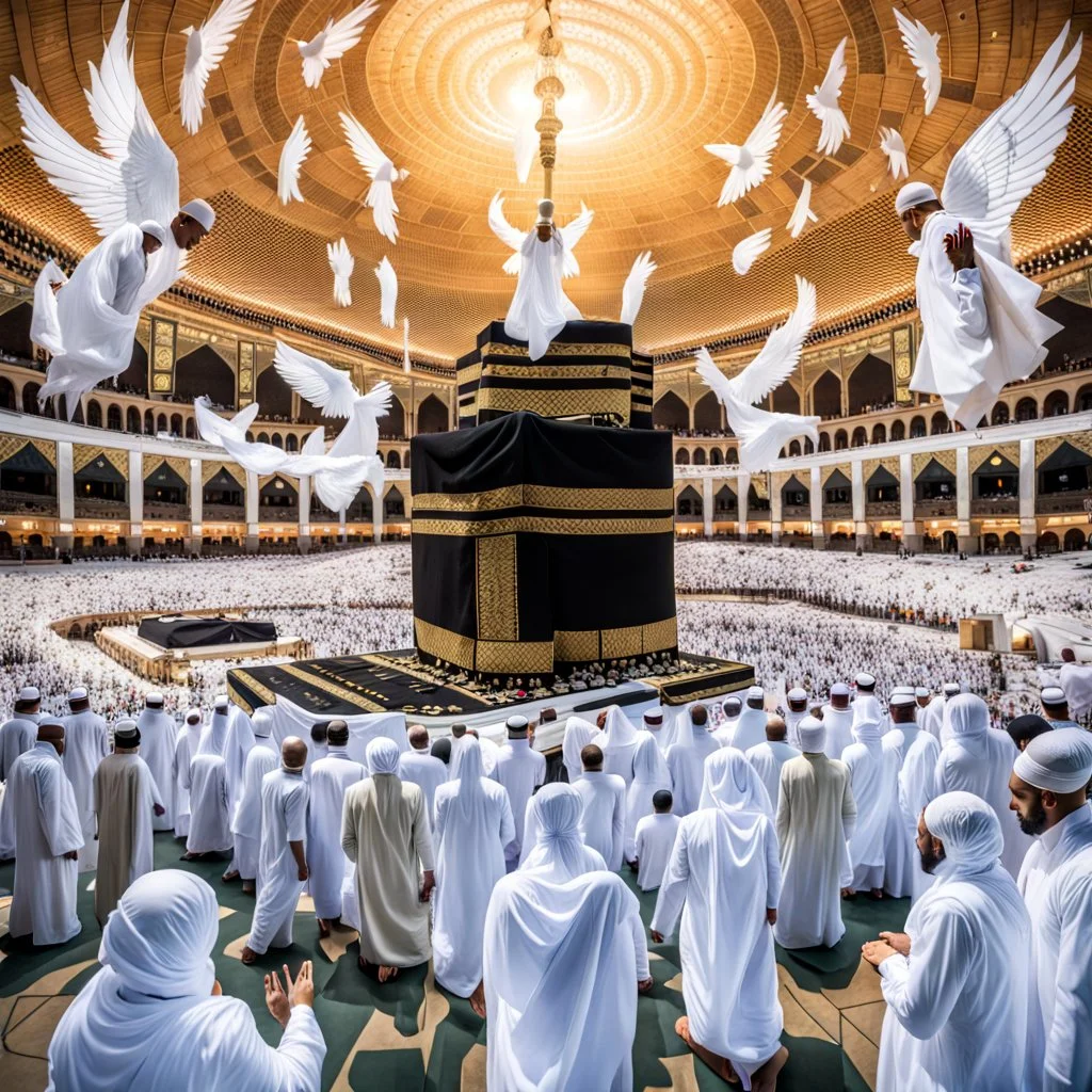 The scene in Mecca: People wearing white Ihram clothes, men without head coverings, women with veils, circumambulating around the Kaaba, and above them are transparent white spirits of children, men, and women with wings revolving around the Kaaba.