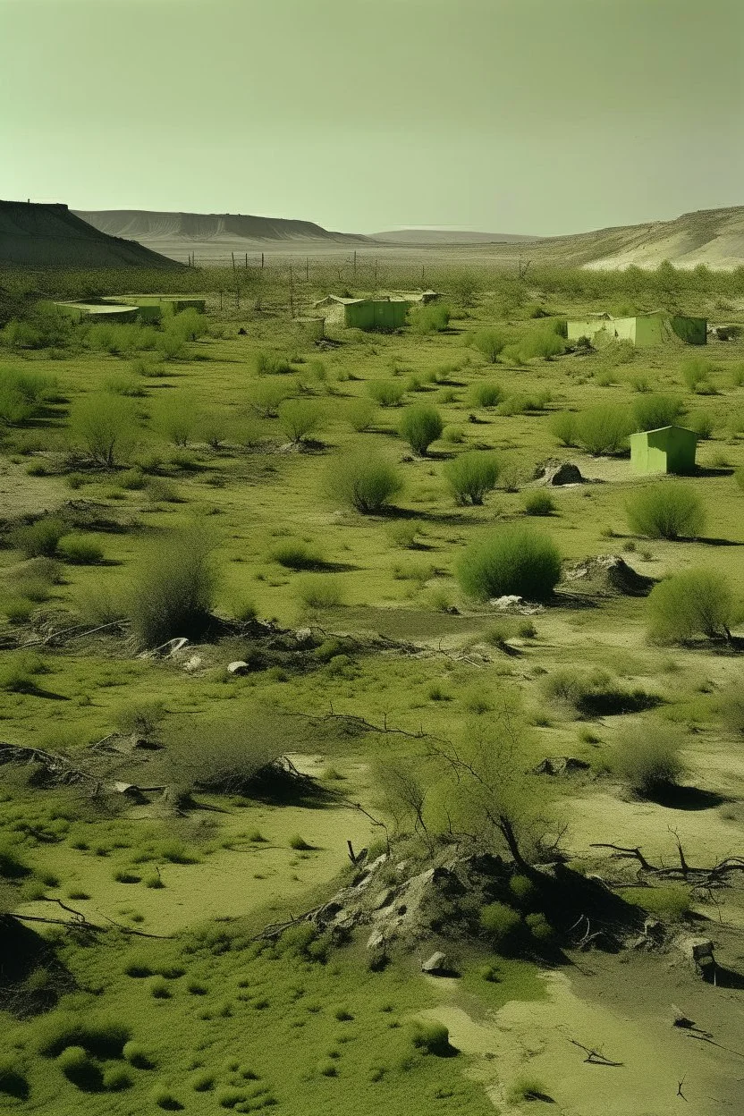 An olive green wasteland near an abandoned plague town painted by Andy Warhol