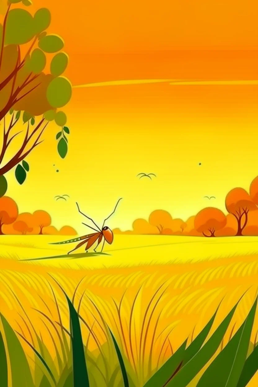 Rice field，Trees，Warm color palette，Animation，A lovely grasshopper，The grasshopper stood on the rice field