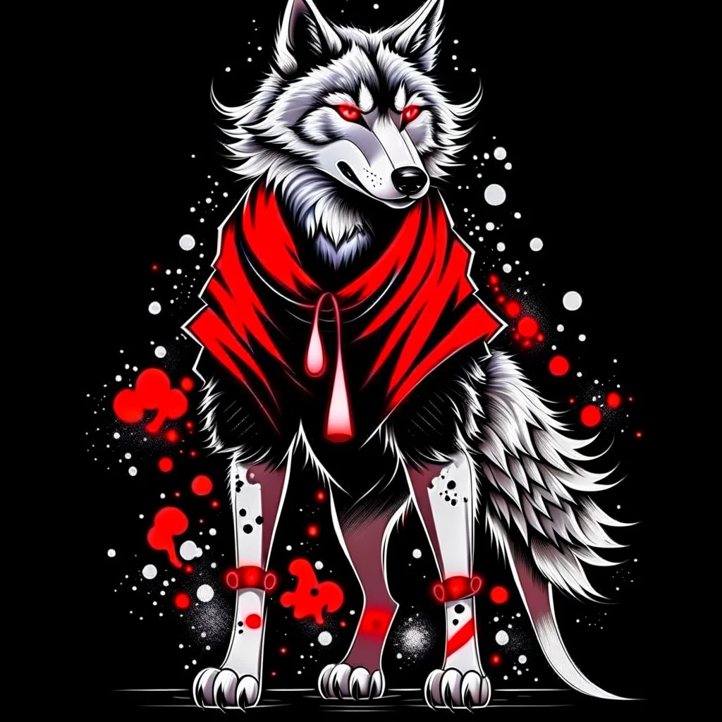 anthropomorphic wolf full body art illustration black background red and white color full body