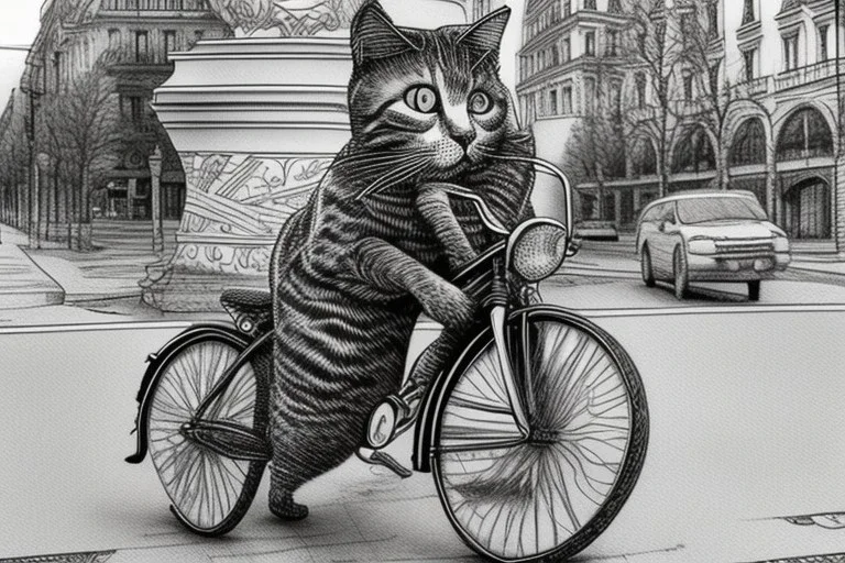 One single cat with jeans and sweater, riding on a bike in Vienna, perfect iris, model style, hyper realistic, extremely accurate, delicate, extremely detailed, pen and ink, wide-angle, open aperture, superfine pencil