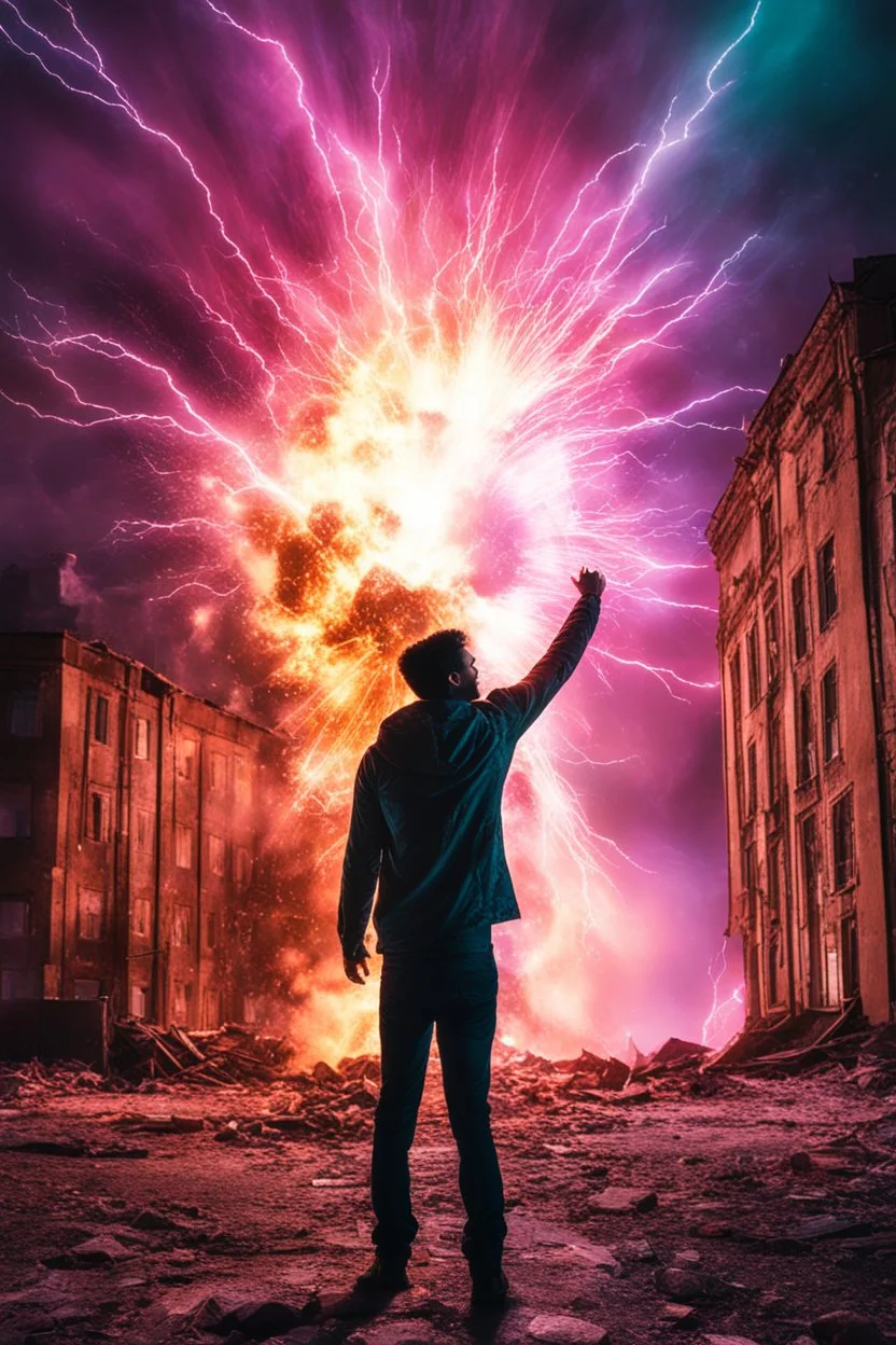 Young man standing, with arms raised, in front of a building that is exploding at night, with coloured auras and lightning around him