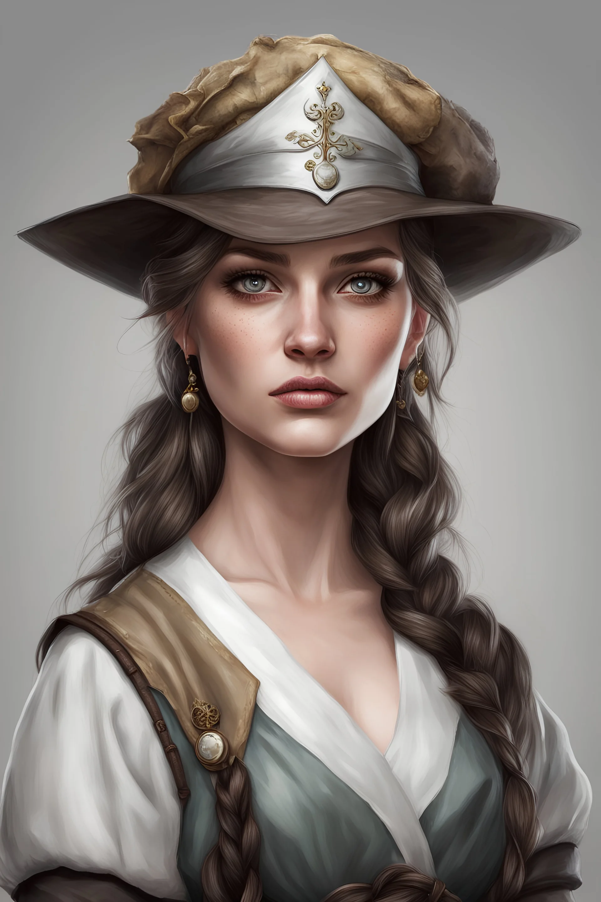 portrait of a woman, realistic style, ugly, concept art, true anatomy, clothing accessories, fantasy medieval, nurse, emotion, hat,