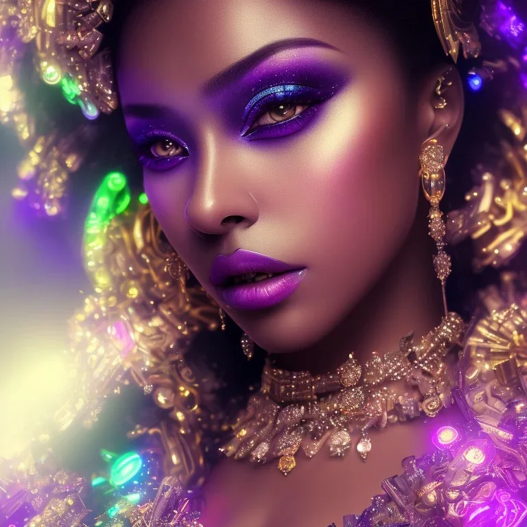  full body shot, masterpiece, best quality, black skinned, sparkling eyes, fluorescent skin,purple-dark makeup, gangsta style , highly detailed body, sun light, 4K, RAW, depth of field, high contrast, realistic details, 24mm