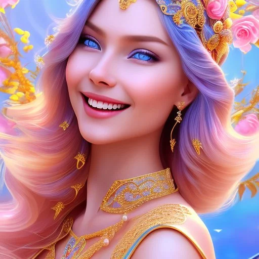 Beautyful smiling young woman, long hair amazing blue eyes, flowers, happy cosmic, bright colors, blue, pink, gold, jewels, realistic, photo real, clear sunny background, highly detailed, high contrast, 8k high definition, unreal engine 5, extremely sharp detail, light effect, sunny light background