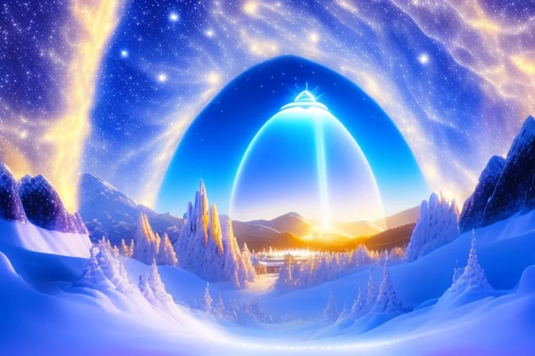 white spaceship ufo with light in the below. the landscape is a fairy colourfull forest with snow sweety mountains. the sky is blu with stars and brightness beam