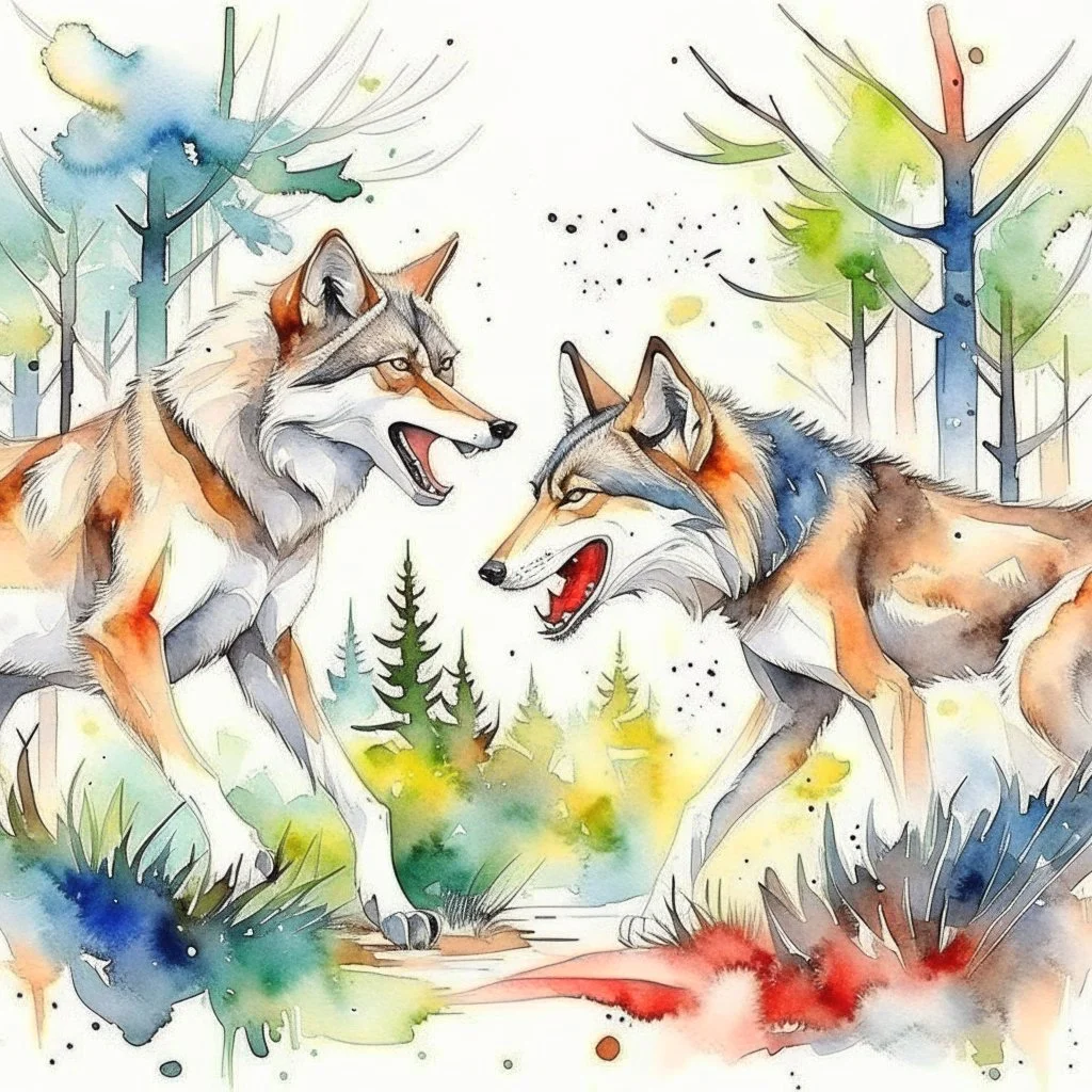 fight of wolves in the forest watercolor painting print art, illustration, home decor, wall art, gift, Wildlife , white background