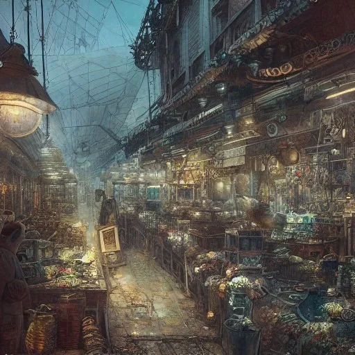 Insanely detailed photograph of an “artitcture plans of a city market at a airship station ” with intricate gears, intricate embroidered band, hyperdetailed painting by Ismail Inceoglu Huang Guangjian and Dan Witz CGSociety ZBrush Central fantasy art album cover art,8K, hdr, romantic, mysterious, ominous, flowers, jewelry, steam,oil,cafe,street vendors