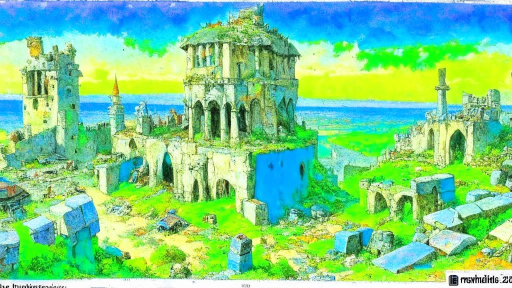 Destroyed City, medieval ruins, debris, stone, breched, brocken, Perspektiv from the sky, by Jean-Baptiste Monge, Ivan Bilibin, Albert Bierstadt, Reza Badrossama, watercolor, intricate details, fantasy, beautiful, oil on canvas, award winning, imperial colours, fantastic view, radient colours, very attractive, crisp quality