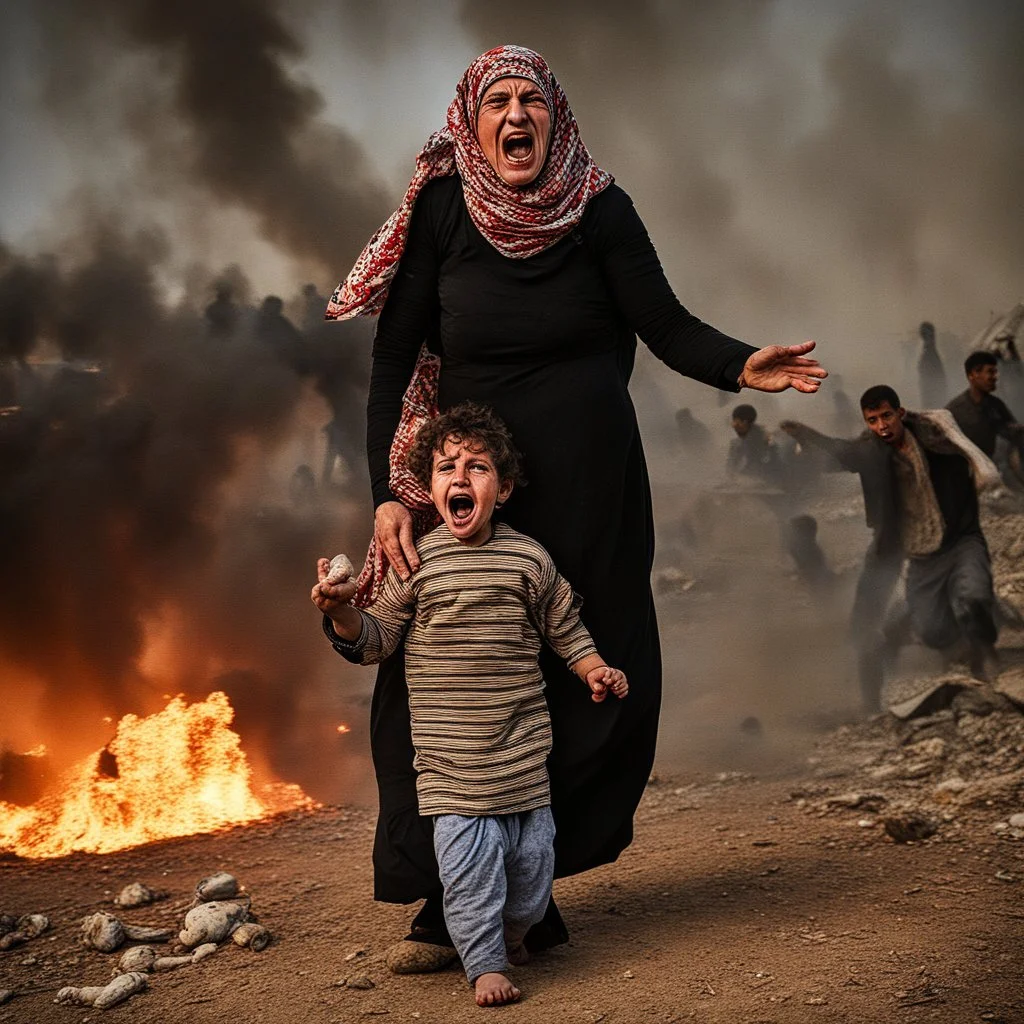 A Palestinian woman wearing the Palestinian dress carries her dead son as she screams and cries at night, with explosions in refugee tents behind her.