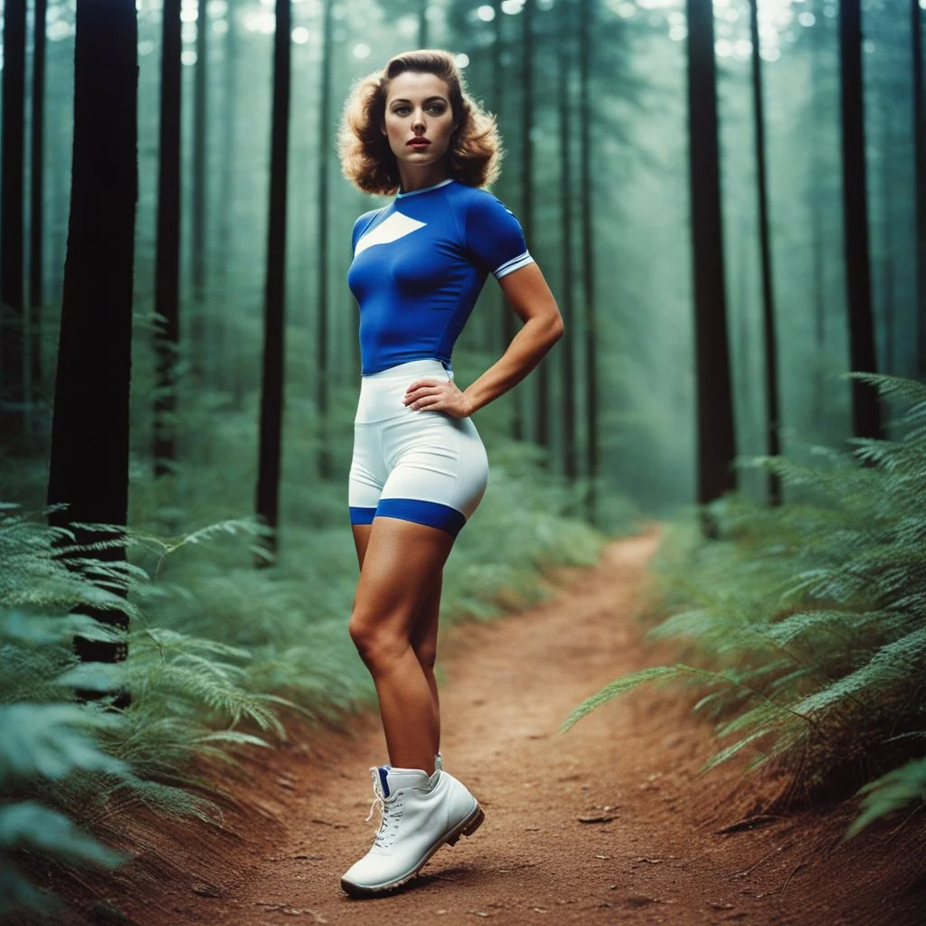 [color photo by Helmut Newton] 1950s photorealistic youthful Sophia Lauren wearing a blue and white spandex short and boots for workout in the forest