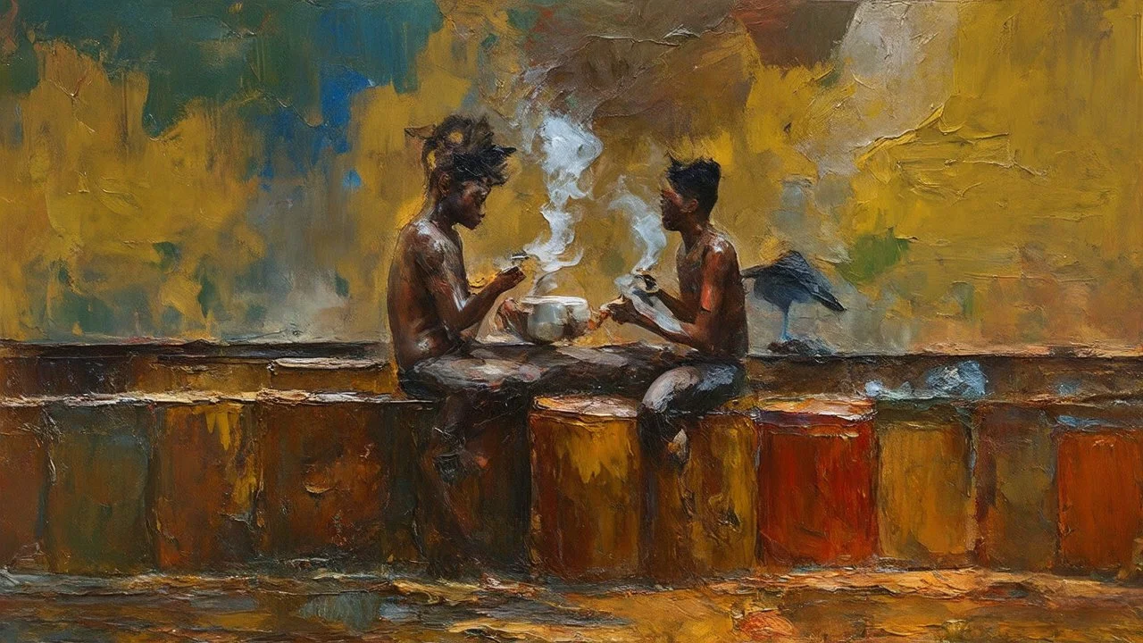 minimalist acrylic impasto painting of two skinny tall young black Somali neighbors sitting on rusty oil barrels drinking steaming coffee, wide angle, dynamic crude brush strokes, dusty yellow heat mood, peaceful vibe, tribal vibe, amazing reflections, amazing verticals, great parallels, warm shades of yellow, orange, green and black with sparse deep red leaks, afrofuturism, vibrant nighthawk people on a black wall, rusty village decay, arafed doors