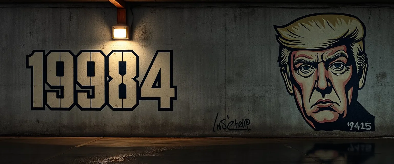 background of wall(wet textured concrete, gray, old, cracked, stained, 1 wall light) from underground parking, german style, a large blocky upside down "1984" painted on left(old faded paint), cyberpunk, to the right a larger mural(tightly cropped face, scornful, staring, trump, from 1984)